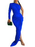 Bodycon One Sholder Long Sleeve Ruched Cocktail Maxi Dresses