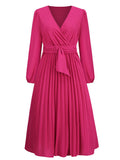 Long Sleeve Pleated Belted Midi Dresses