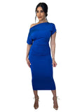 One Shoulder Short Sleeve Ruched Midi Dresses