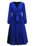 Long Sleeve Pleated Belted Midi Dresses