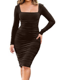 Square Neck Backless Ruched Midi Dresses