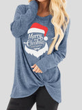 Santa Claus Print Round Neck Knotted Long Sleeve T-Shirt Shopvhs.com