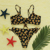 Sexy Sunflower Print Lace Up Split Bikini Set Shopvhs.com