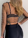 Sheer Lace Beaded Mesh Long Sleeve Blouse Shopvhs.com