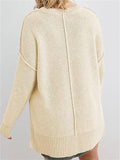Simple Round Neck Long Sleeve Side Slit Hem Loose Pullover Sweater Shopvhs.com
