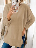 Simple Round Neck Long Sleeve Side Slit Hem Loose Pullover Sweater