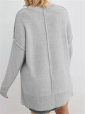 Simple Round Neck Long Sleeve Side Slit Hem Loose Pullover Sweater Shopvhs.com
