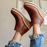 Simple Side Zipper Casual Wedge Heel Grain Leather Ankle Boots Shopvhs.com