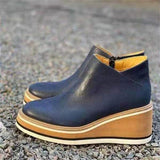 Simple Side Zipper Casual Wedge Heel Grain Leather Ankle Boots Shopvhs.com