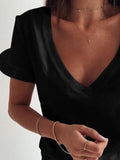 Simple Solid V-Neck Ruffle Short Sleeve T-Shirts Shopvhs.com