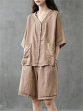 Simple Style Solid Color Loose Cotton Linen Shirt With Big Pockets + Wide-Leg Shorts Shopvhs.com