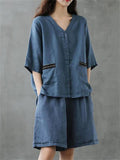 Simple Style Solid Color Loose Cotton Linen Shirt With Big Pockets + Wide-Leg Shorts Shopvhs.com