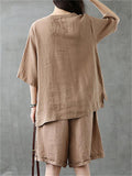 Simple Style Solid Color Loose Cotton Linen Shirt With Big Pockets + Wide-Leg Shorts Shopvhs.com