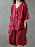 Simple Style Solid Color Loose Cotton Linen Shirt With Big Pockets + Wide-Leg Shorts Shopvhs.com