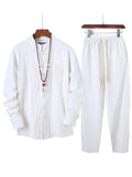 Simple Style Stand Collar Linen 2-Piece Button Fastening Long Sleeve Shirt+ Drawstring Pants Shopvhs.com