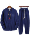 Simple Style Stand Collar Linen 2-Piece Button Fastening Long Sleeve Shirt+ Drawstring Pants Shopvhs.com