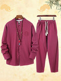Simple Style Stand Collar Linen 2-Piece Button Fastening Long Sleeve Shirt+ Drawstring Pants