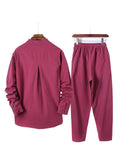 Simple Style Stand Collar Linen 2-Piece Button Fastening Long Sleeve Shirt+ Drawstring Pants Shopvhs.com