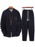 Simple Style Stand Collar Linen 2-Piece Button Fastening Long Sleeve Shirt+ Drawstring Pants Shopvhs.com