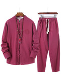 Simple Style Stand Collar Linen 2-Piece Button Fastening Long Sleeve Shirt+ Drawstring Pants Shopvhs.com