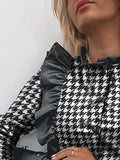 Single-Breasted Houndstooth Long Sleeve Leather Blouse Shopvhs.com