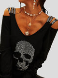 Skull V-Neck Off Shoulder Long Sleeve T-Shirt Shopvhs.com