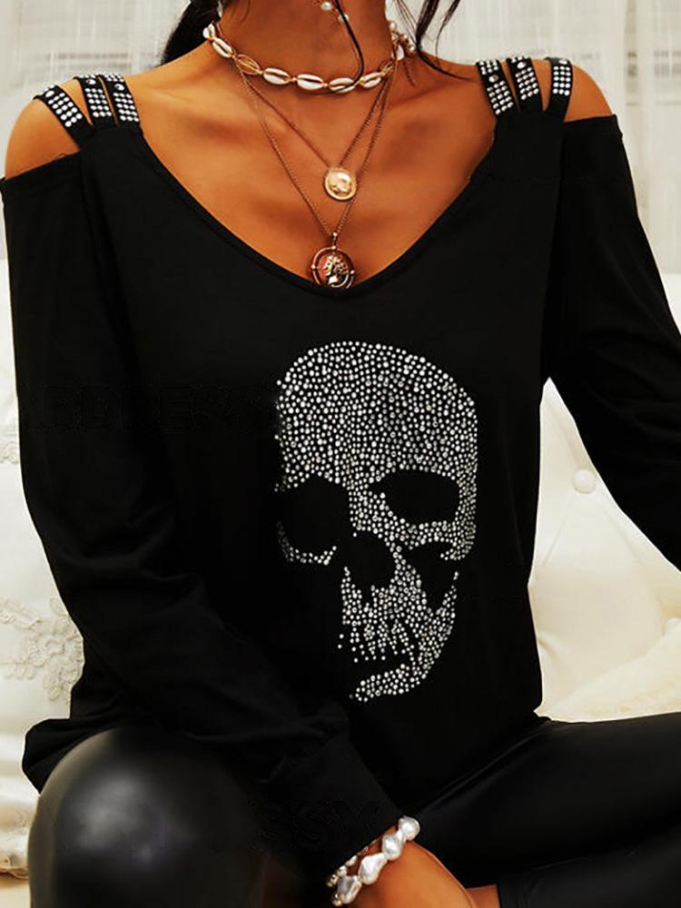 Skull V-Neck Off Shoulder Long Sleeve T-Shirt Shopvhs.com