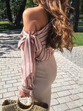 Slanted Shoulder Strap Striped Long Sleeve Blouse Shopvhs.com