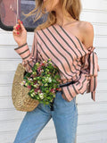 Slanted Shoulder Strap Striped Long Sleeve Blouse Shopvhs.com