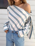 Slanted Shoulder Strap Striped Long Sleeve Blouse Shopvhs.com