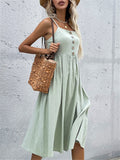 Slim Buttons Decorative Spaghetti Strap Linen Dresses Shopvhs.com