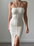 Slim Fit Backless Split Pleated Strapless Dress Shopvhs.com