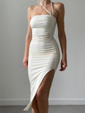 Slim Fit Backless Split Pleated Strapless Dress Shopvhs.com