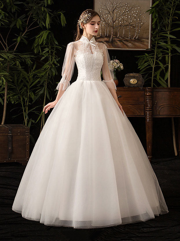 Slim Fit Wedding Dress with Stand Collar and Sleeves Shopvhs.com