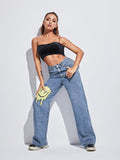 Smiley Face All-match Loose Denim Trousers Shopvhs.com