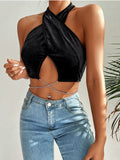 Solid Black Knit Chain Velvet Halter Tank Top Shopvhs.com