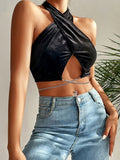 Solid Black Knit Chain Velvet Halter Tank Top Shopvhs.com