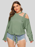 Solid Color Bow Long Sleeve Cross Shoulder T-Shirt