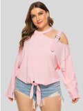 Solid Color Bow Long Sleeve Cross Shoulder T-Shirt Shopvhs.com