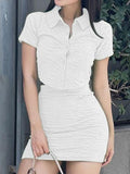 Solid Color Cardigan Button Short Sleeve Top Slim Skirt Set Shopvhs.com