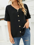 Solid Color Casual Loose V-Neck Short Sleeve Shirt Shopvhs.com