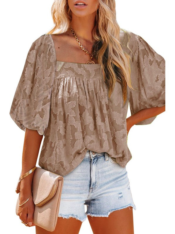 Solid Color Irregular Mid Sleeve Ladies Loose Casual Puff Sleeve Top Shopvhs.com