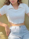 Solid Color Lapel Nipped Waist Short Sleeve T-Shirt Shopvhs.com