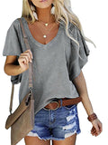 Solid Color Lotus Leaf Sleeve Loose V-neck Short-sleeved Top T-shirt Shopvhs.com