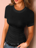 Solid Color Patchwork T-Shirt Short Sleeve Women's  Round Neck Body Top Shopvhs.com