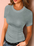 Solid Color Patchwork T-Shirt Short Sleeve Women's  Round Neck Body Top Shopvhs.com
