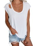 Solid Color Round Neck Pullover Loose Ripped Top T-shirt Shopvhs.com