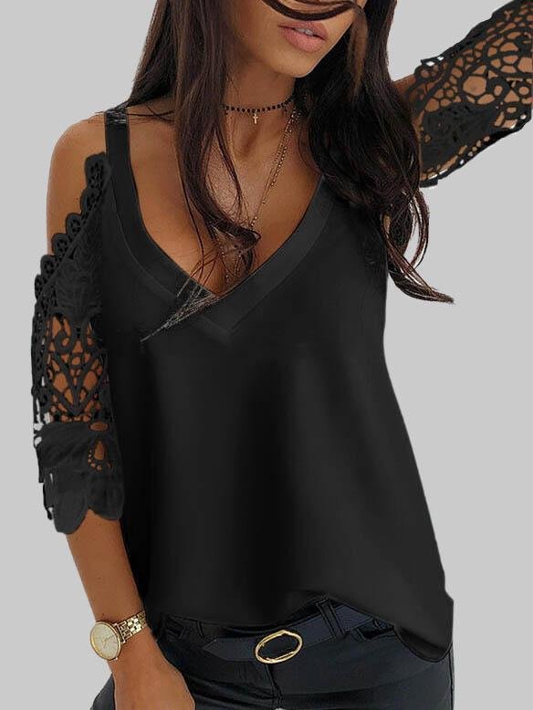 Solid Color V-neck Lace Sleeve T-shirt Shopvhs.com