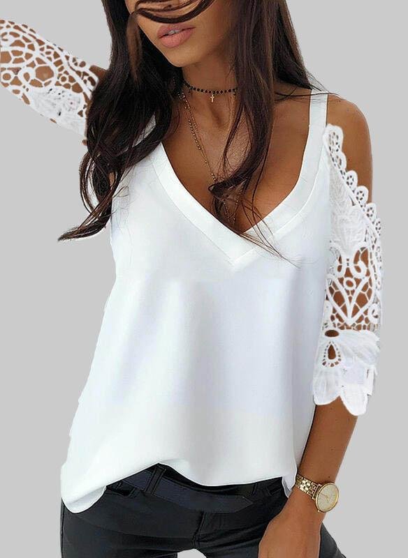 Solid Color V-neck Lace Sleeve T-shirt Shopvhs.com