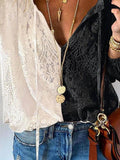 Solid Color V-neck Puff Sleeve Lace Shirt Shopvhs.com